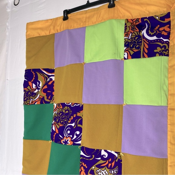 Vintage 70s Handmade Purple Green Yellow Patchwork Quilt - Picture 13 of 16